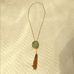 Aqua stone with gold tassel necklace